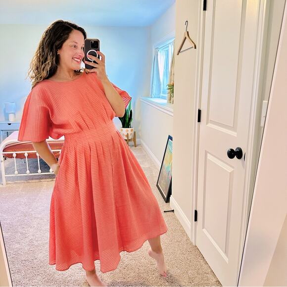 Club Monaco Pink Seersucker Short Sleeve Maxi Dress 12 - Picture 1 of 14